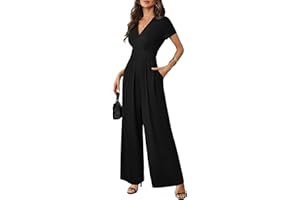 LOOKBOHO Women Dressy Casual Jumpsuits Elegant High Waist Side Ruched Romper Summer Short Sleeves Wide Leg Pants