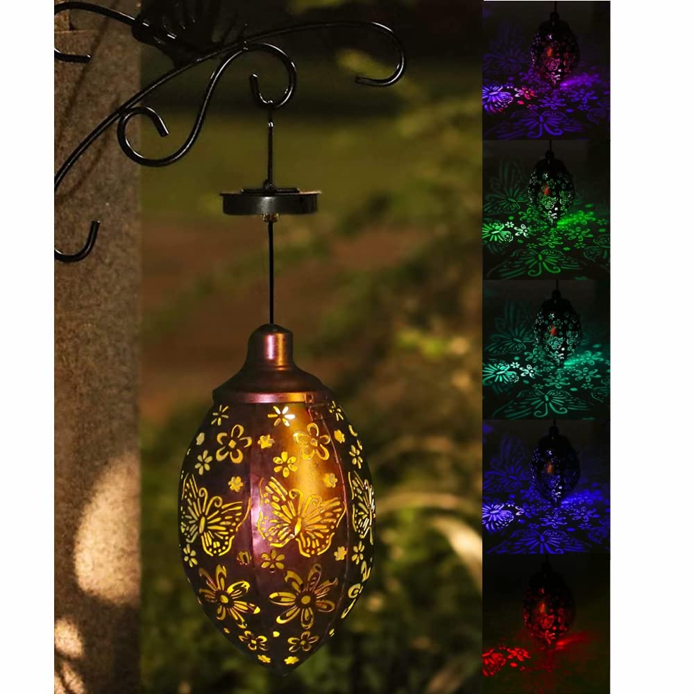 Solar Lantern Light Outdoor Garden Ornament, Yohencin Hanging Metal Yard Art Lamp Retro LED Solar Powered Waterproof Decoration for Patio Pathway Yard Lawn Warm White Colorful