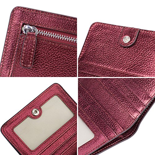 BIG SALE-AINIMOER Women's RFID Blocking Leather Small Compact Bifold Pocket Wallet Ladies Mini Purse with id Window (Wine Gold)