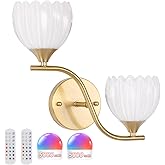 Shenmoyl Battery Operated Wall Sconce, 2-Lights Vinatge Brass Wall Lighting with White Tluip Shade Rechargeable Bulb with Rem