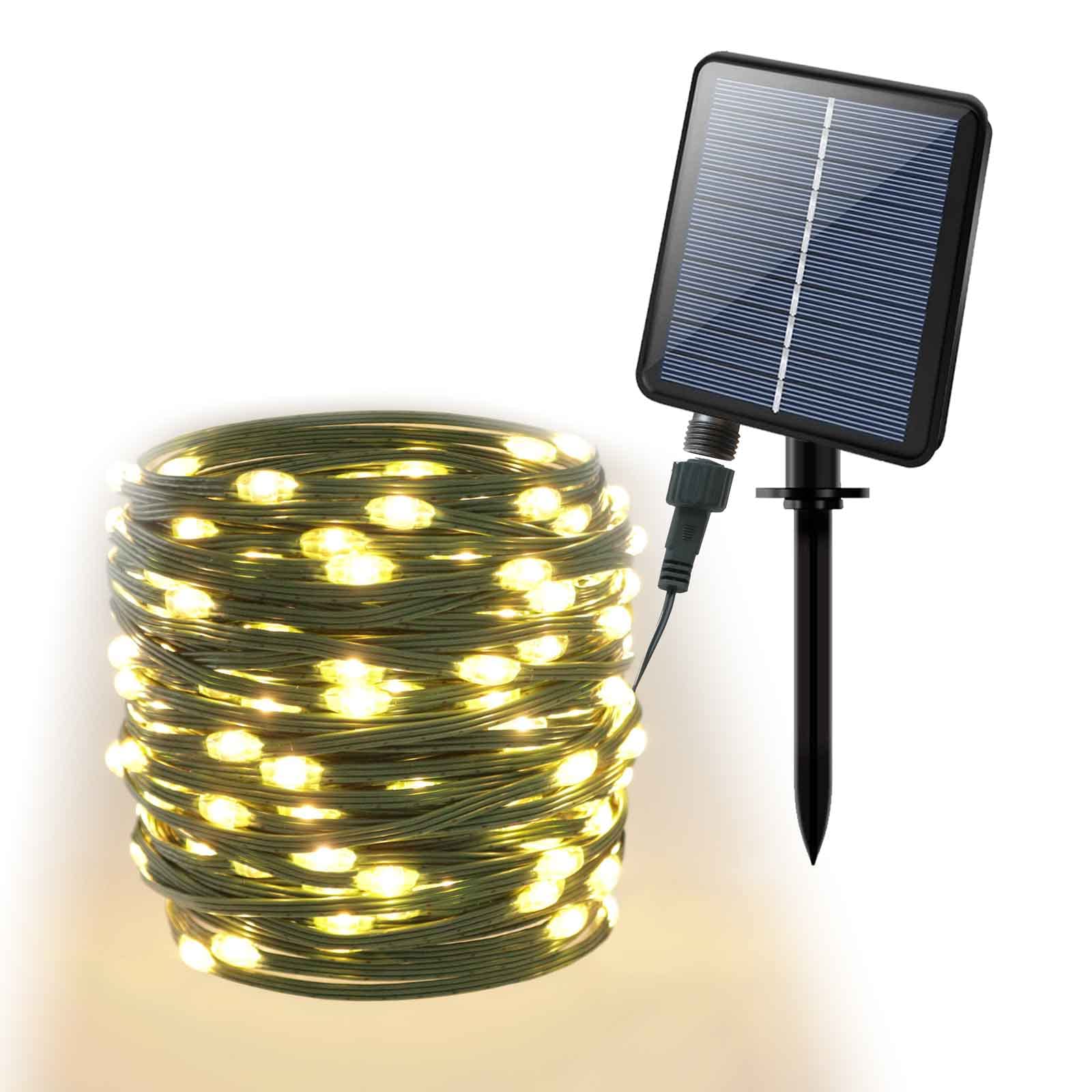 Qbis Solar Christmas Lights - 200 Warm White LED String Lights Outdoor, 20M/65ft Green Wire, Multifunction Fairy Lights for Christmas Tree (200 LEDs)