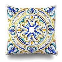 Ahawoso Throw Pillow Covers Blue Abstract Italian Majolica Tiles Floral Vintage Green Black Color Flower Glass Graphic Pattern Home Decor Pillow Case Square Size 18 x 18 Inches Zippered Pillowcase