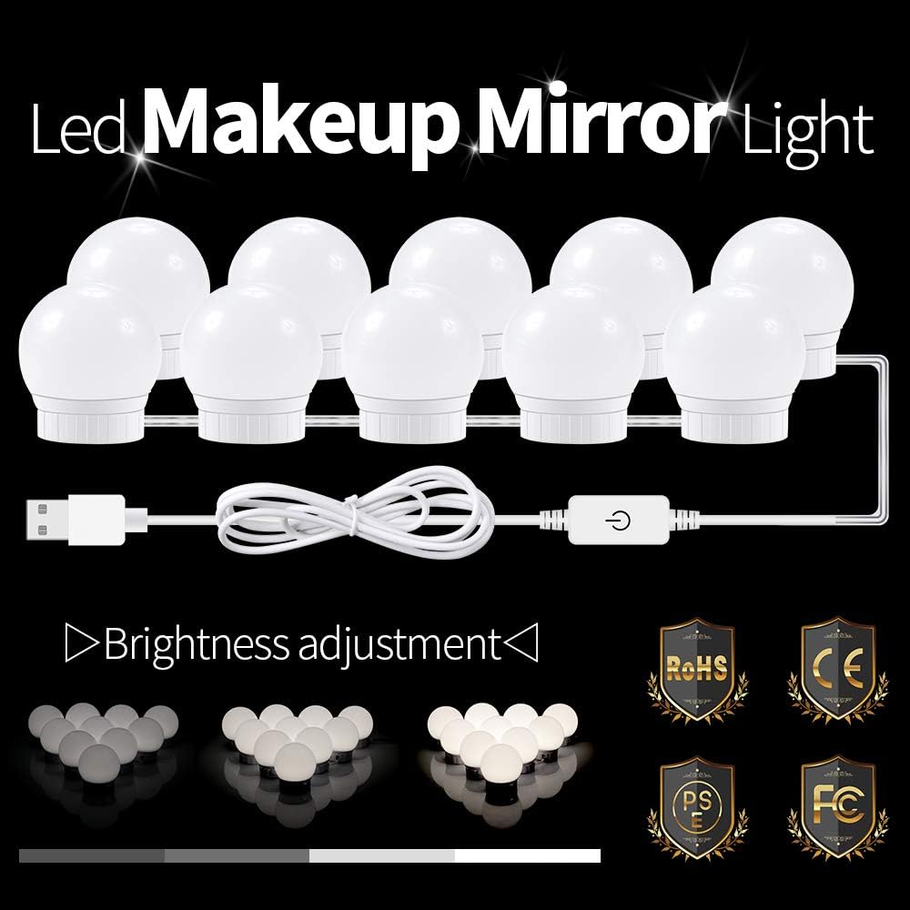 LaMuVii Hollywood Style LED Vanity Mirror Lights Kit 10 LED Dimmable Light Bulbs with Hidden Rotating Fixture Strip,USB Adapter for Makeup Vanity Table Set in Dressing Room (Mirror Not Include)
