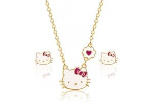 Hello Kitty Sanrio Jewelry Set - Flash Plated 18+3 Necklace and Stud Earrings Officially Licensed