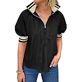 Tankaneo Womens Puff Sleeve Tops Blouse Color Block Half Zip V Neck Pullover Trendy Summer Casual Loose Fit Shirts