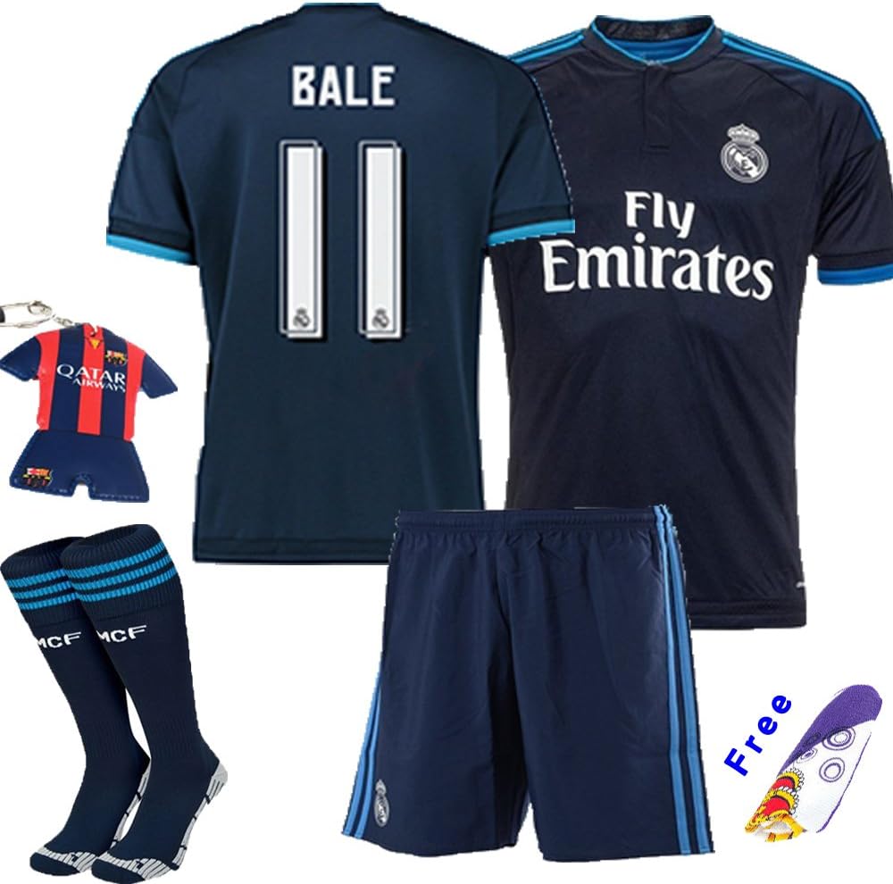 Barcelona Kids Jersey 2015/2016 #11 Bale Away Blue Soccer Kit Real Madrid football Jersey & Shorts & Socks & key chain kids boys youth (5-6 years )