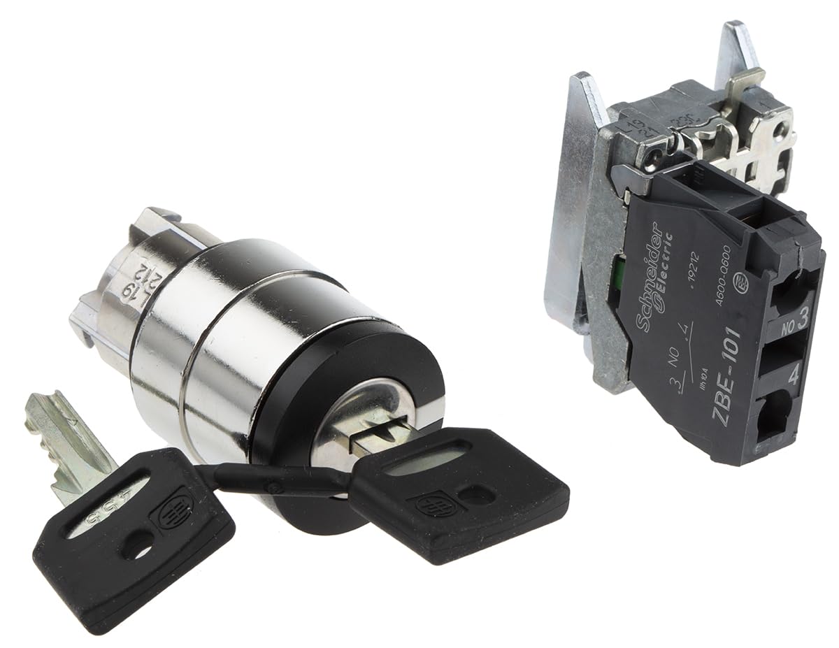 Schneider Electric Harmony XB4 - Key Selector Switch, Metal, 2 Positions, Ronis 455 Keylock, Stays Put, 1NO, 22 mm Mount, XB4BG21, Black