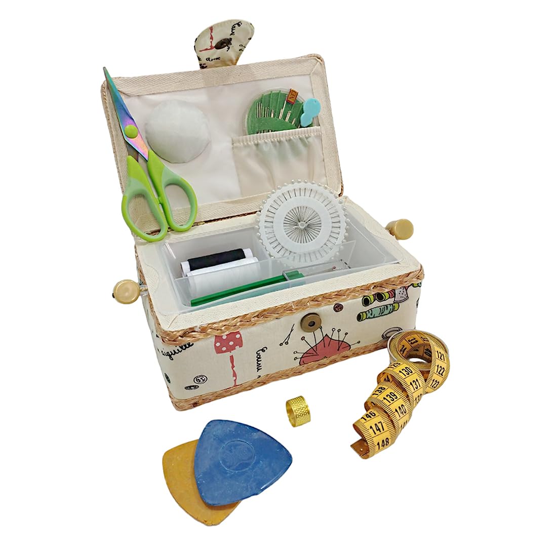 JYC CREATIVE Small Sewing Box with Sewing Accessories, Fabric Lined Sewing Box with Compartments, Complete Sewing Box, Gift for Mothers, Friends, Sisters,