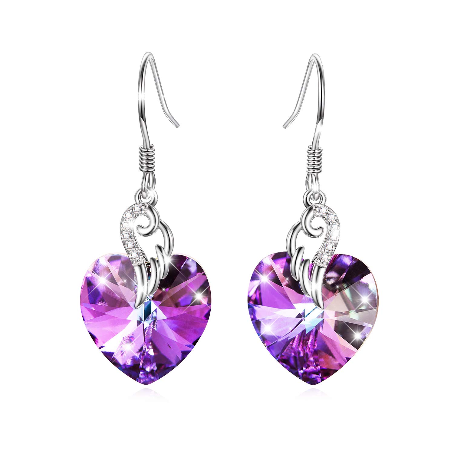 Love Heart Earrings 925 Sterling Silver Angel Wing Dangle Drop Earrings with Purple Crystals, Birthday Anniversary Jewellery Gifts for Her Wife Women
