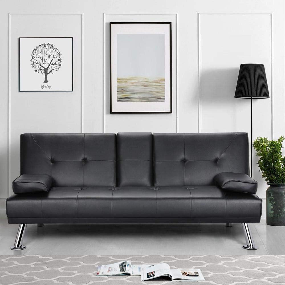 Yaheetech Click Clack Sofa Bed Faux Leather 3 Seater Sofa Couch Living Room/Spare Room/Guest Room Bed Settee With Cup Holders Black - Image 4