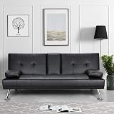 Yaheetech Faux Leather Click Clack 3 Seater Sofa Bed with Cup Holders Black view 2