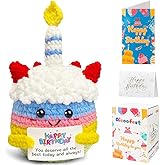 Happy Birthday Gifts for Women Her Him Unique Emotional Support Crochet Positive Cake Plush Birthday Gift for Best Friend, Small Crochet Animal With Bday Card for Teen Mom Grandma Daughter Sister