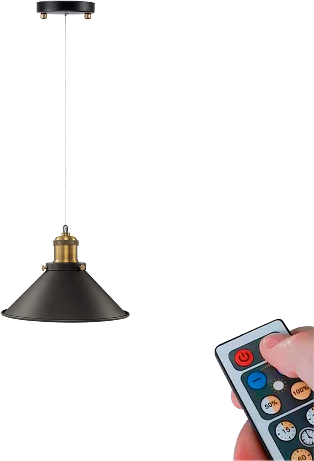 ANYE 1-Light 55 Lumens Led Not Hardwired Remote Control Battery Run Indoor Outdoor Iron Wire Vintage Black Pendant Light for Aisle Bedroom-Easy Installation, Dimmable Control,Battery Not Included