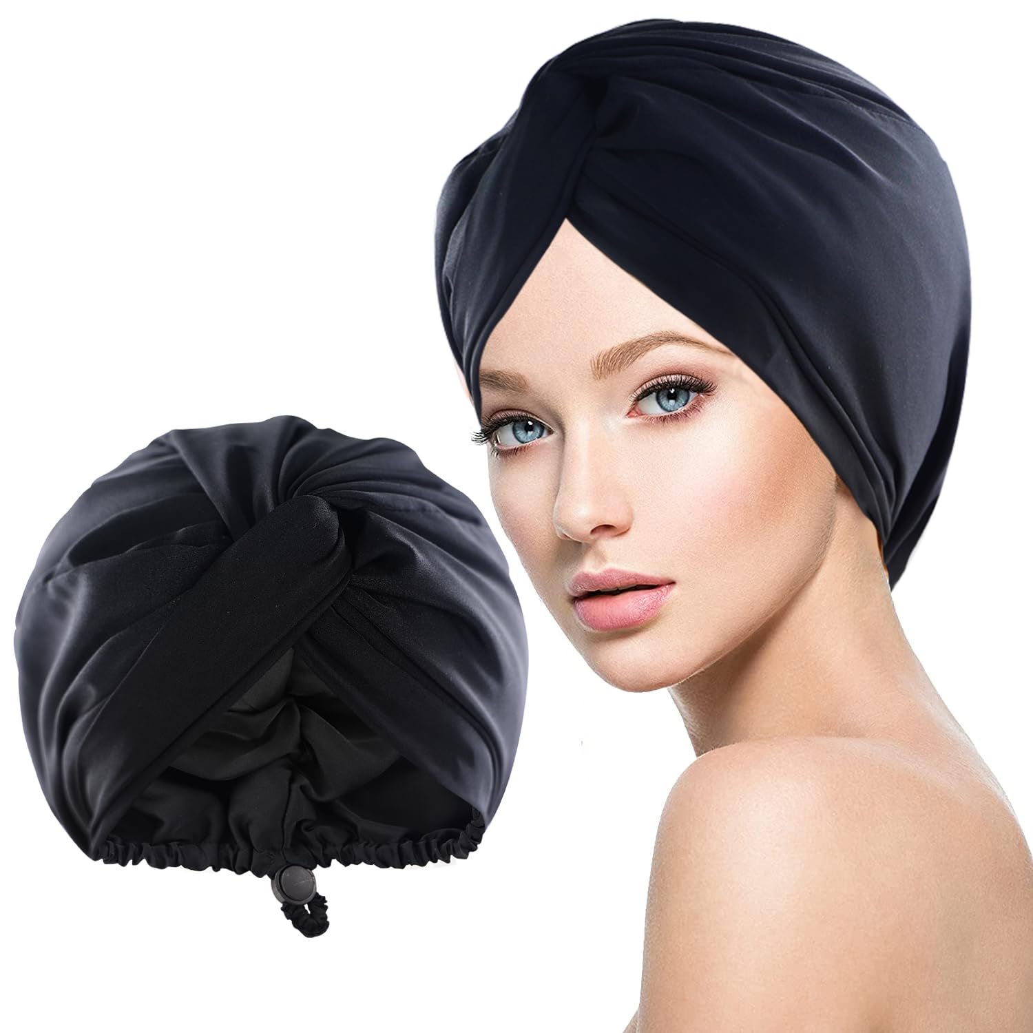WUBAYI Silk Bonnet for Sleeping, Silk Hair wrap for sleeping, Satin Bonnet with Elastic Adjustable Button, Soft Hair Cover for Sleeping Cap for Long Straight Curly Hair Black
