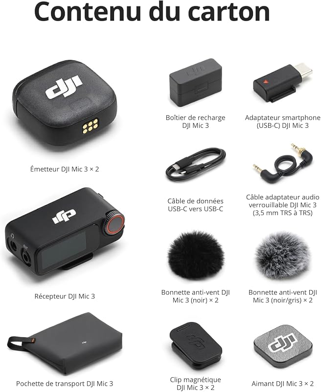 Mic 3 (2 TX + 1 RX + Boîtier de Recharge), Microphone sans Fil