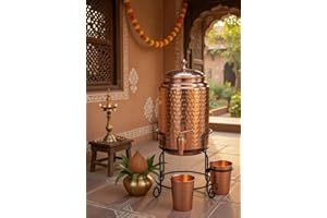 5 Liter Copper Water Dispenser Pot with Black Iron Stand and 2 Glasses, Hammered Texture, BPA Free, Traditional Matka for Dri