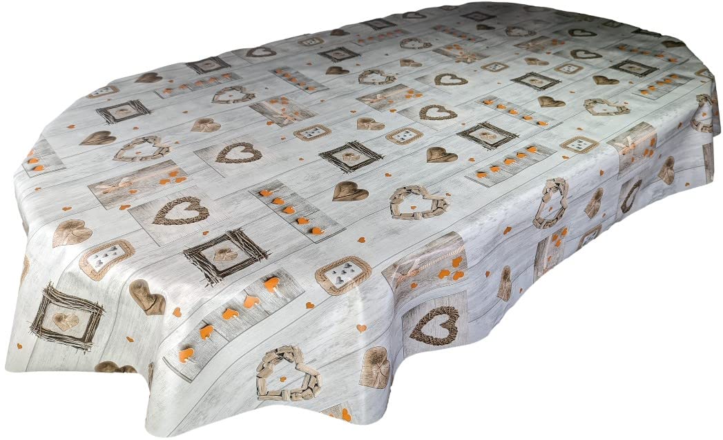 Karina Home Oval Orange on Grey Wood Effect Love Hearts Wipe Clean Tablecloth Vinyl PVC Table Cover Wipeable Table Cloth (Oval, 180cm x 140cm)