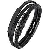 Dynoxar Mens Black Leather Bracelet- Stainless Steel Engraved Love You Forever Jewelry, Christmas Gifts for Men