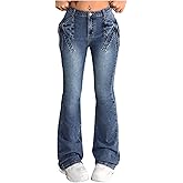 GORGLITTER Girl's Bow Flare Jeans Y2k Stretchy Low Waisted Denim Pants Bell Bottom Trousers