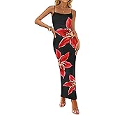 ZESICA Women’s Summer Bodycon Maxi Dresses 2026 Floral Spaghetti Strap Square Neck Sleeveless Boho Beach Long Dresses