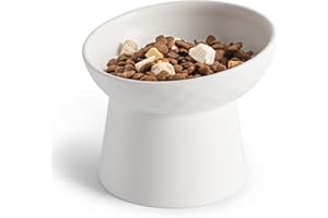 YauYik Small Raised Cat Bowls, Ceramic Tilted Elevated Food or Water Bowls, Stress Free, Backflow Prevention, Dishwasher & Microwave Safe, Lead & Cadmium Free, White