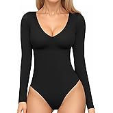MANGOPOP Women's Long Sleeve Short Sleeve Bodysuit Sexy V Neck Body Suits Fitted Fall Going Out Tops