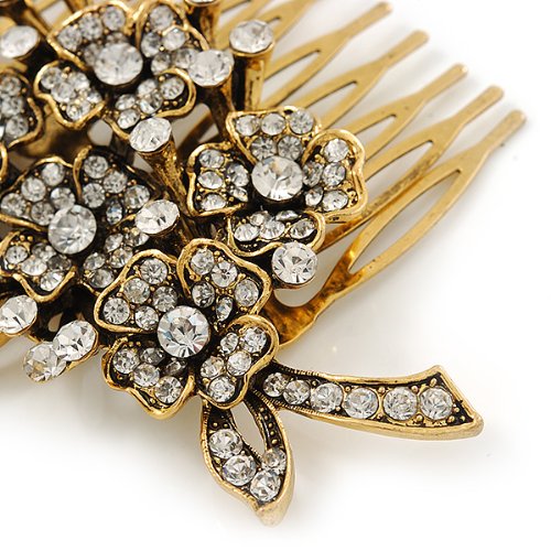 Vintage Inspired Clear Austrian Crystal 'Flowers' Side Hair Comb In Antique Gold Tone - 95mm