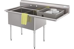 KoolMore 63 in. 18-Gauge 2-Compartment Commercial Sink with Backsplash and 24 in. Right Drainboard, Bowl dimensions 18"x24"x14" in Stainless-Steel (KM-SB182414-24R3)