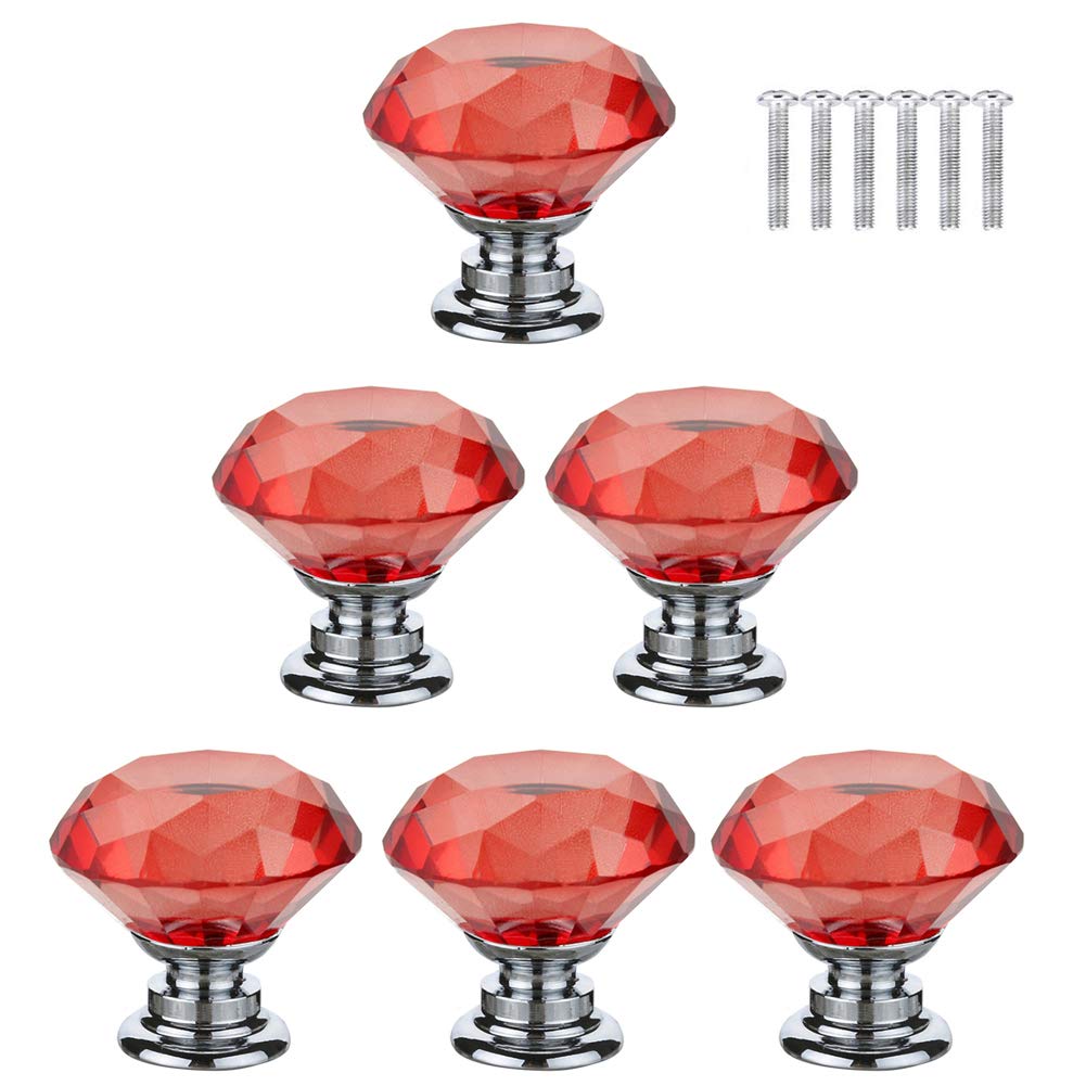 BOZONLI 6pcs 30mm Red Crystal Glass Diamond Knobs Cabinet Handles with Screws
