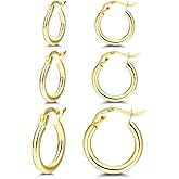 14K Gold Plated Hoop Earrings for Women, 4 Pairs Sterling Silver Post Small Hoops, Gold Huggie Earrings Set for Women Men (13mm 15mm 20mm 25mm)