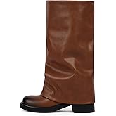 Modatope Fold Over Boots Women Knee High Boots Low Block Heel Slouchy Tall Boots Zipper Square Toe Dress Fall Long Boot for Women