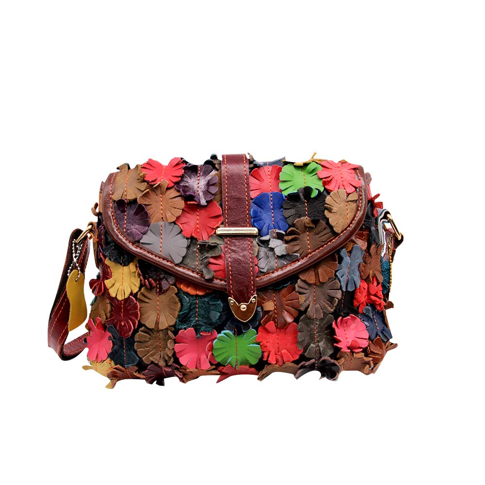 Segater Women's Multicolor Weave Small Messenger Bag, Vintage Cowhide Genuine Leather Crossbody Bag 3D Pattern Shoulder Bag Patchwork Colorful Purses