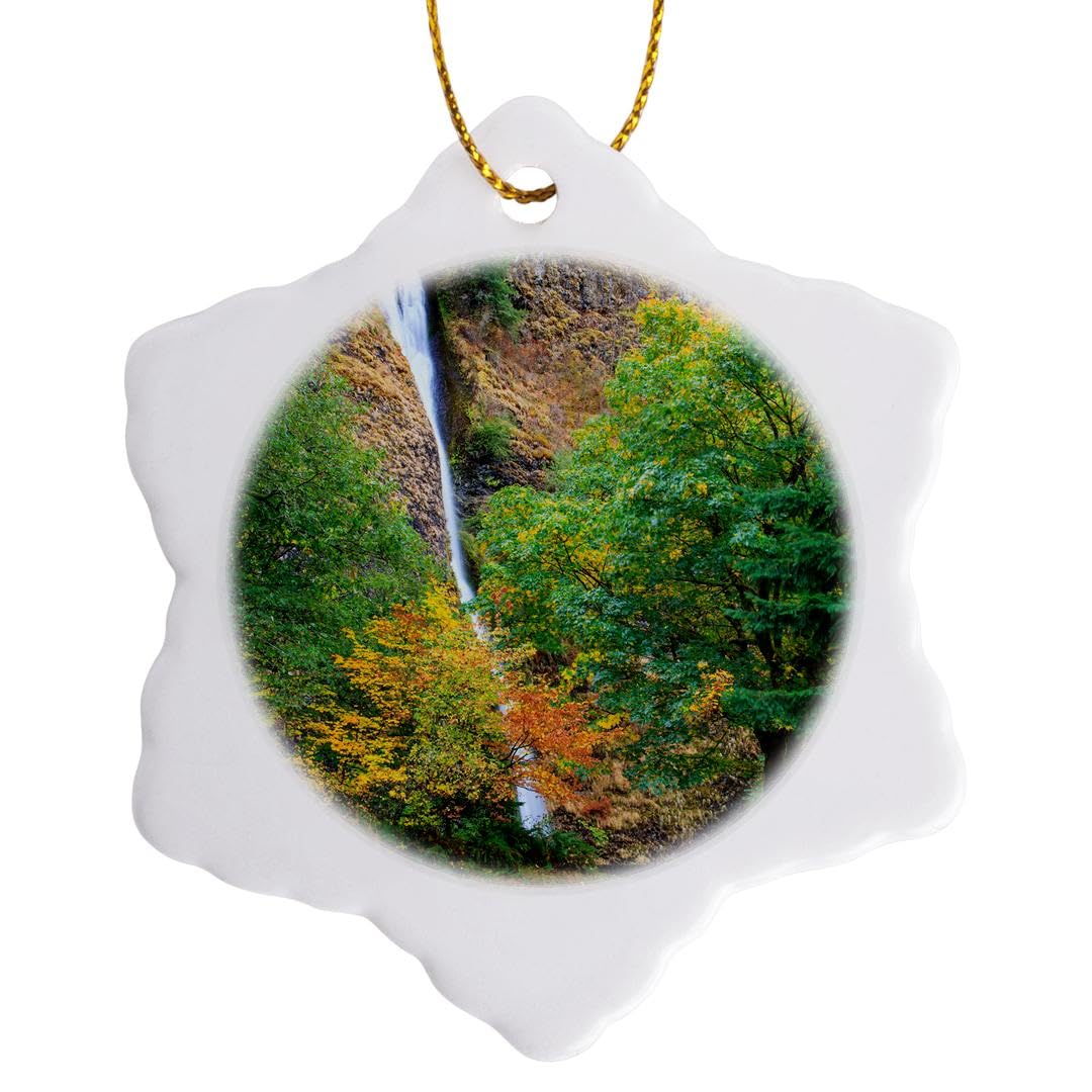 3dRose USA, Oregon, Columbia River Gorge, Horsetail Falls, 176 Feet Snowflake Ornament, Porcelain, Multi-Colour, 3-Inch
