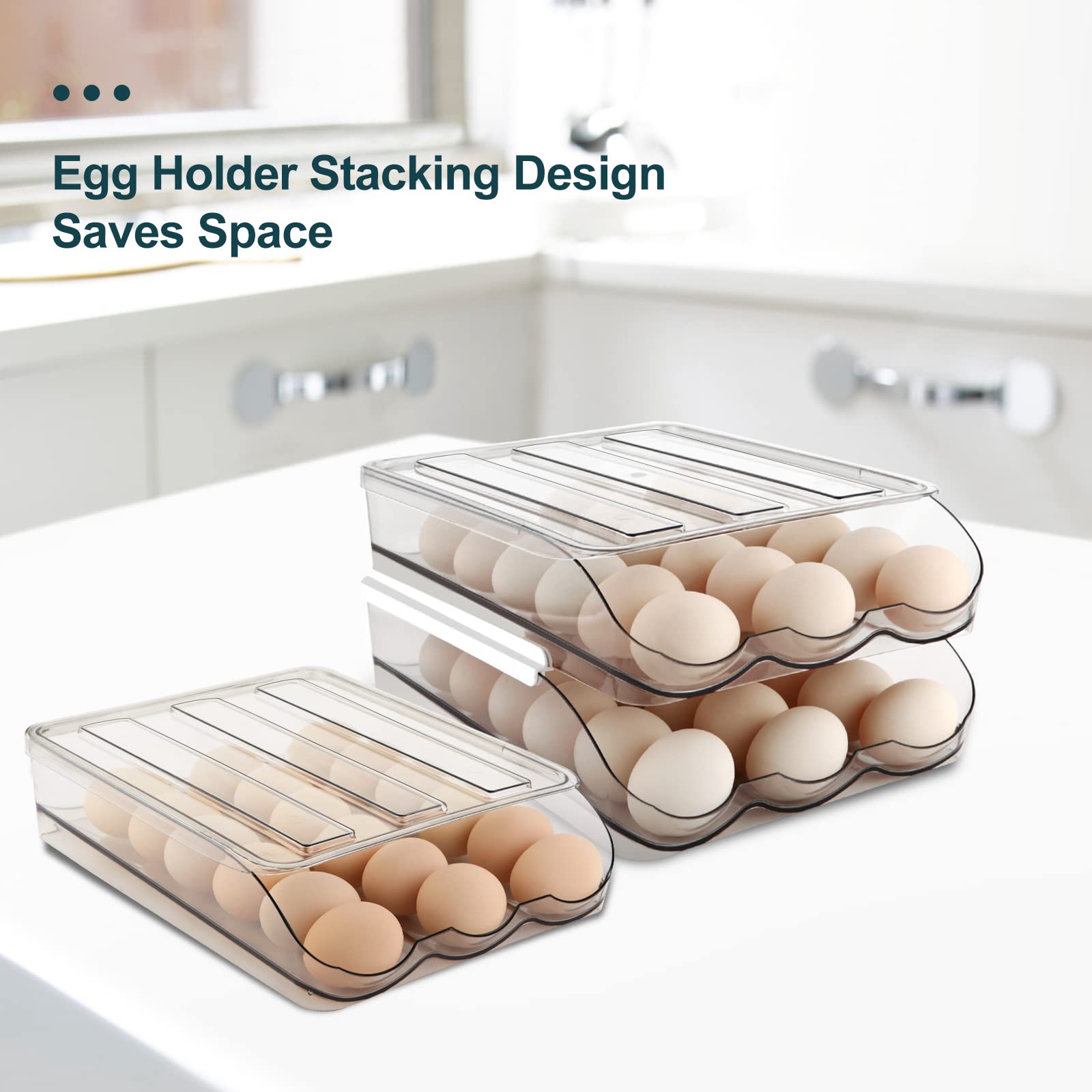 MesRosa Egg Holder for Fridge, Automatically Rolling Egg Storage Container for Refrigerator,Large Capacity Egg Organizer for Fridge with Lid,Clear Plastic Dispenser, Tray & Bin -2 Layer