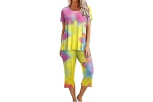 Kinrui Womens Pajamas Set Plus Size Capri Pants with Short Sleeves Shirt Cute Floral Sleepwear Casual Homewear Loungewear