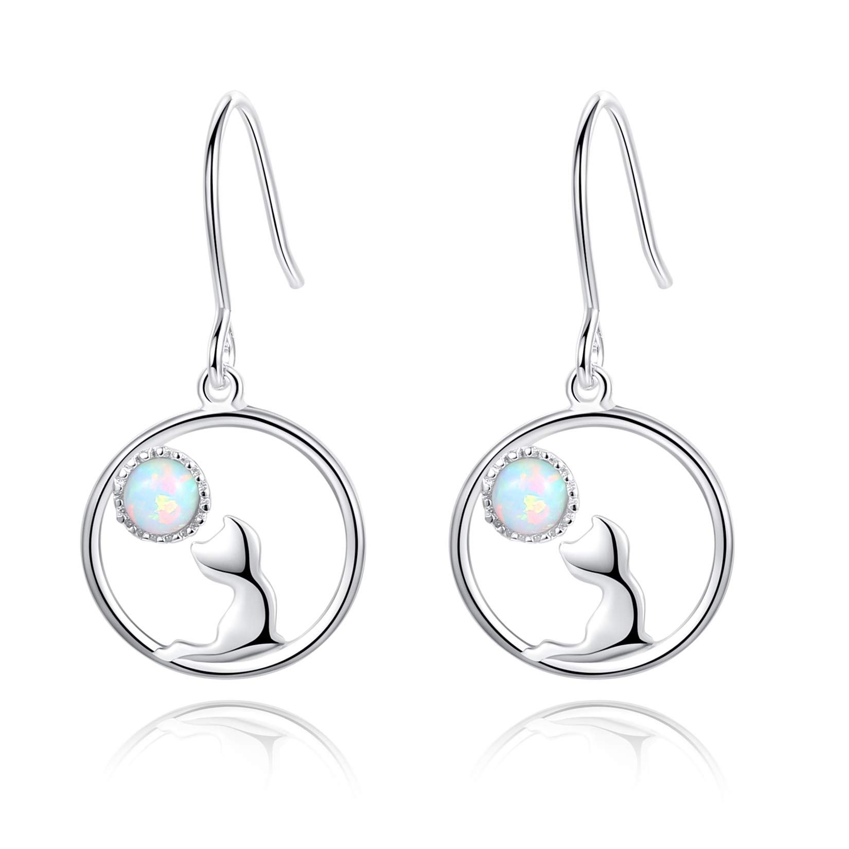 VIKI LYNN 925 Sterling Silver Moon Cat Hoop Drop Dangle Earrings with Opal Gemstone Jewelry for Women