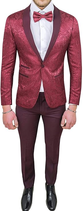 Abito Completo Uomo Sartoriale Bordeaux Tessuto Raso Damasco Floreale Slim Fit Vestito Smoking
