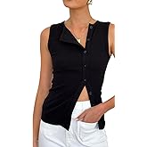 Nsbonu Womens Button Down Ribbed Tank Tops Slim Fit Summer Vest Tops Going Out Solid Sexy Sleeveless Shirts