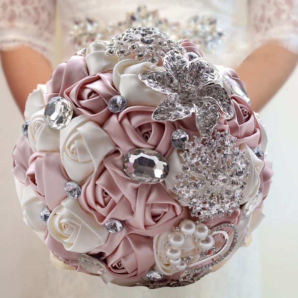 Fouriding Hand Made Diamond Pearl Satin Roses Bridesmaid Bridal Artificial Bouquets Customization Bride Holding Bouquet Wedding for Photo Shooting, Valentine's Day, Birthday,Creystal Pink