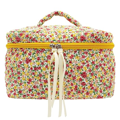 PAZIMIIK Quilted Makeup Bag Large Travel Zipper Soft Cosmetic Case for Women Girls Make Up,Little Flower