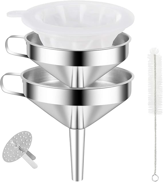 Stainless Steel Funnel, Kitchen Strainer Funnel Filter Set with Handle