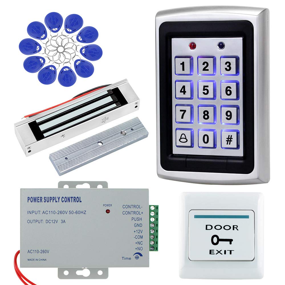 OBO HANDS Full Home Access Control System Kit Set Metal Controller 1000 Users Keypad +DC 12V 180KG Magnetic Lock+12V 3A Power Supply+ Door Exit Button + 10pcs RFID Blue 125KHz Keyfobs