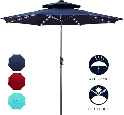 Amazon Com Diophros 10ft 2 Tiers Solar Patio Umbrella With Led Light Outdoor Market Umbrella 32 Led Lights W Double Vented Umbrella With Auto Tilt System And Simple Crank Operation Navy Blue Garden