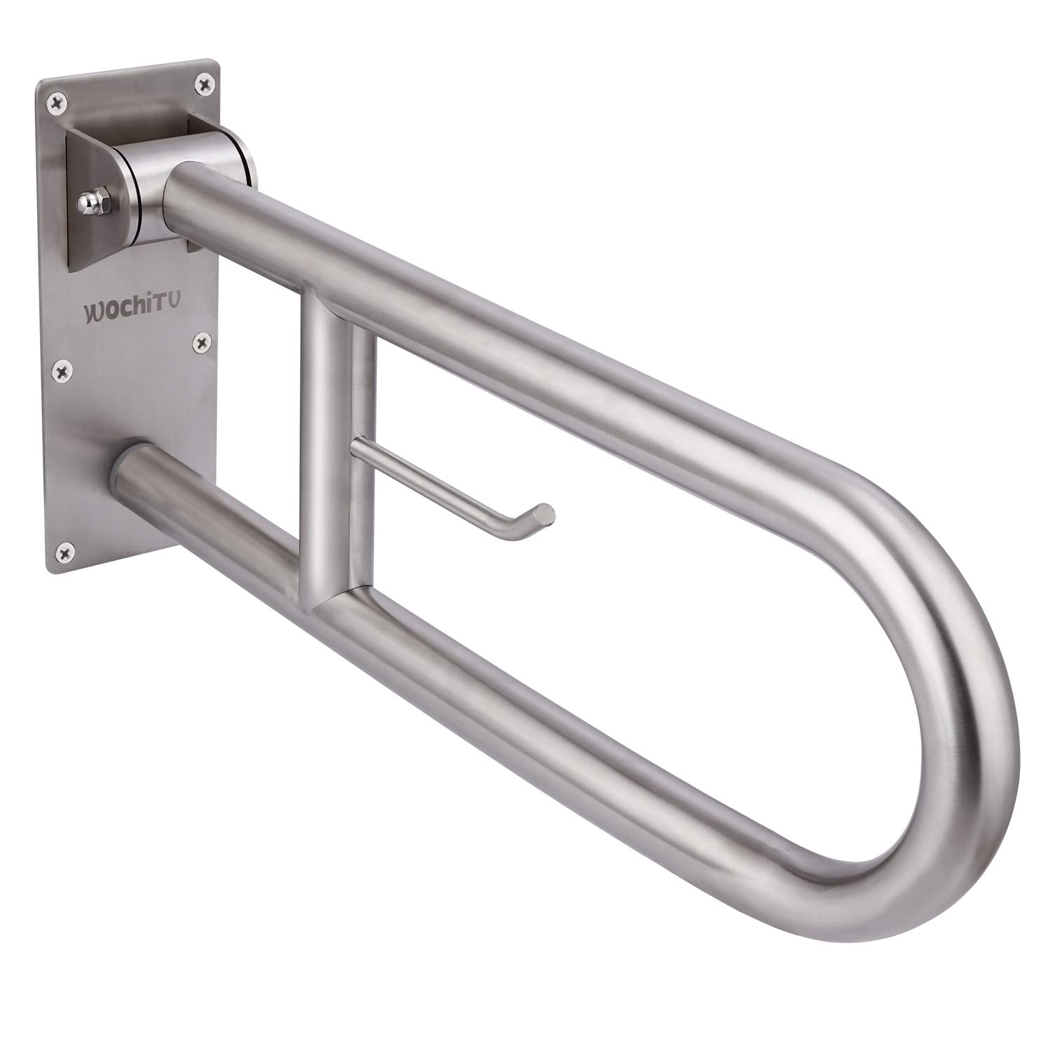 Stainless Toilet Safety Rails, WochiTV Handicap Grab Bars for Elderly, Steel Flip-Up Bathroom Grab Bar with Paper Holder, Stainless Steel Toilet Arms Handicapped Assist Medical Accessories 23.6 INCH