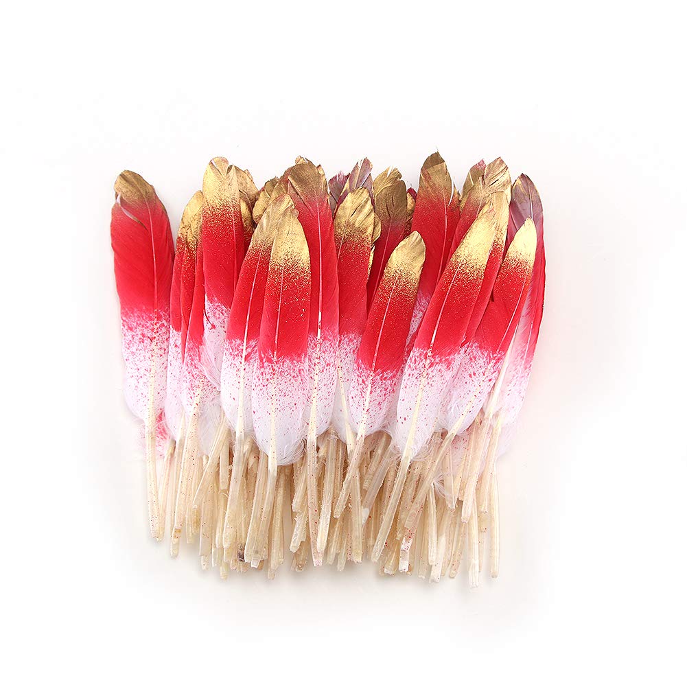 Sowder 50pcs Colorful Gold Goose Feathers 4-6inch(10-15cm) for Art Craft Party Decoration Clothing Accessories Duck Feather(red&Gold)