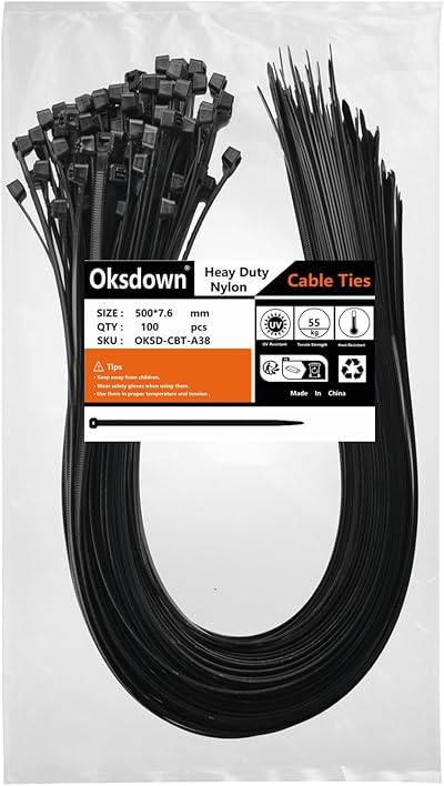 Oksdown 100 Pack Black Cable Ties 500mm x 7.6mm Heavy Duty Nylon