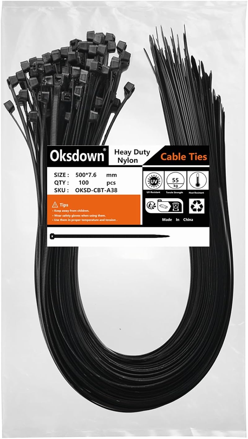 Oksdown 100 Pack Black Cable Ties 500mm x 7.6mm Heavy Duty Nylon