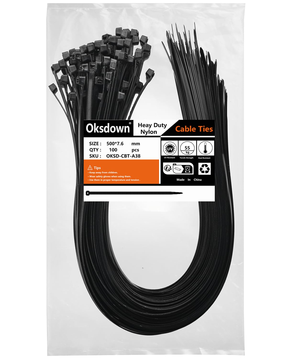 Oksdown 100 Pack Black Thick Cable Ties Heavy Duty Large 500mm×7.6mm Strong Nylon Plastic Self Locking 20 inch/50 cm Extra Long Zip Tie Wraps