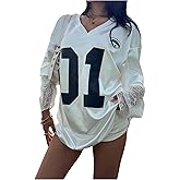 MakeMeChic Women's Y2K Jersey Tops Satin Tee Shirt Fall Floral Lace V Neck Long Sleeve Tops