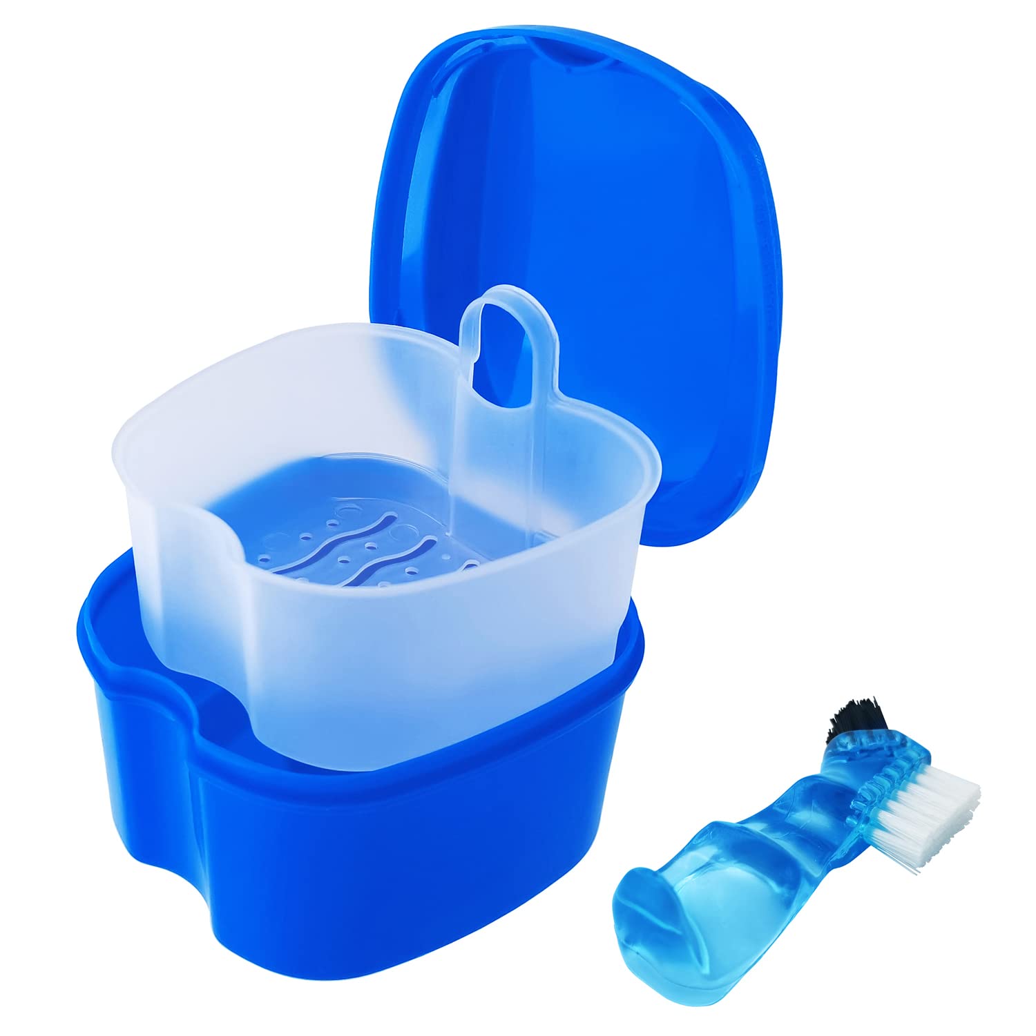 Dental Retainer Cup Holder Mouthguard Cleaning Case with Strainer Basket, Denture Bath Box Storage Cup Holder for Travel Cleaning - Dark Blue — image 1